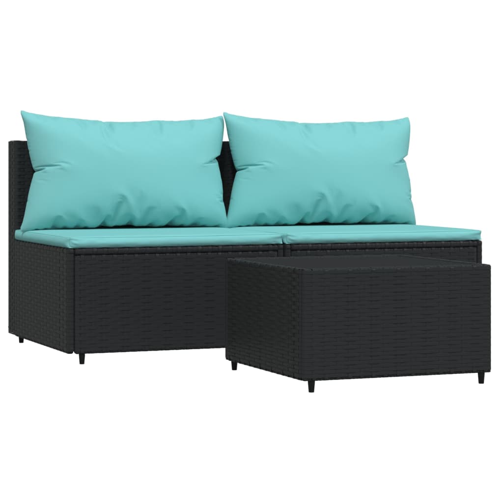 3-delige Loungeset met kussens poly rattan zwart