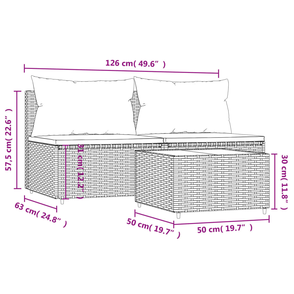 3-delige Loungeset met kussens poly rattan zwart