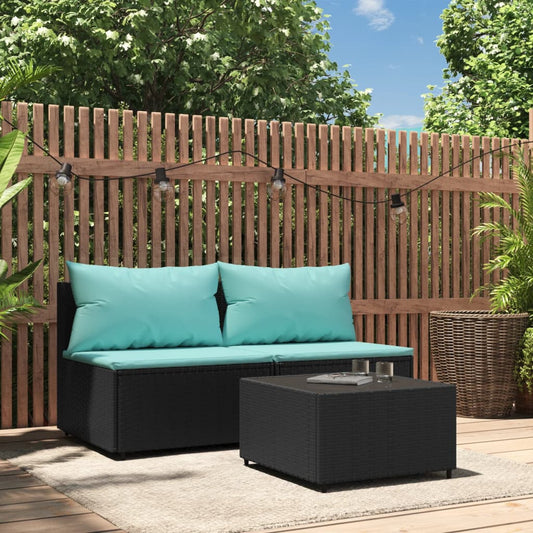 3-delige Loungeset met kussens poly rattan zwart