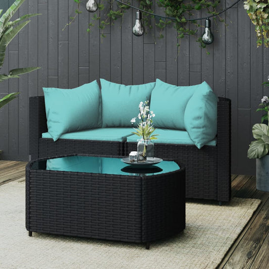 3-delige Loungeset met kussens poly rattan zwart