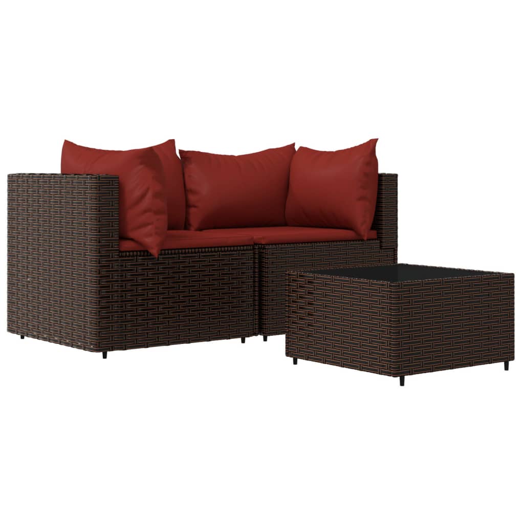 3-delige Loungeset met kussens poly rattan bruin