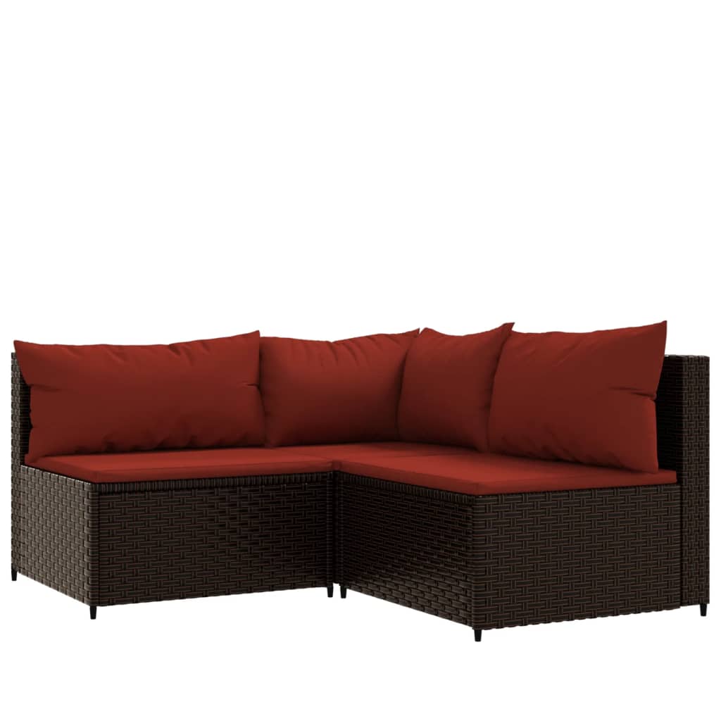 3-delige Loungeset met kussens poly rattan bruin