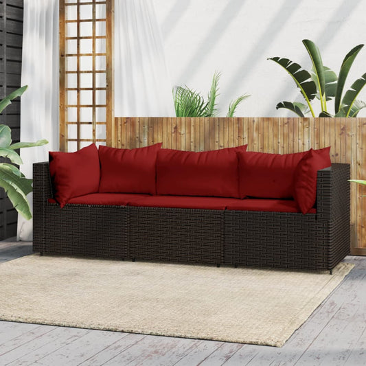 3-delige Loungeset met kussens poly rattan bruin