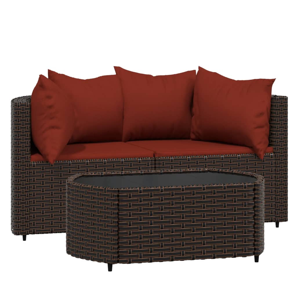 3-delige Loungeset met kussens poly rattan bruin