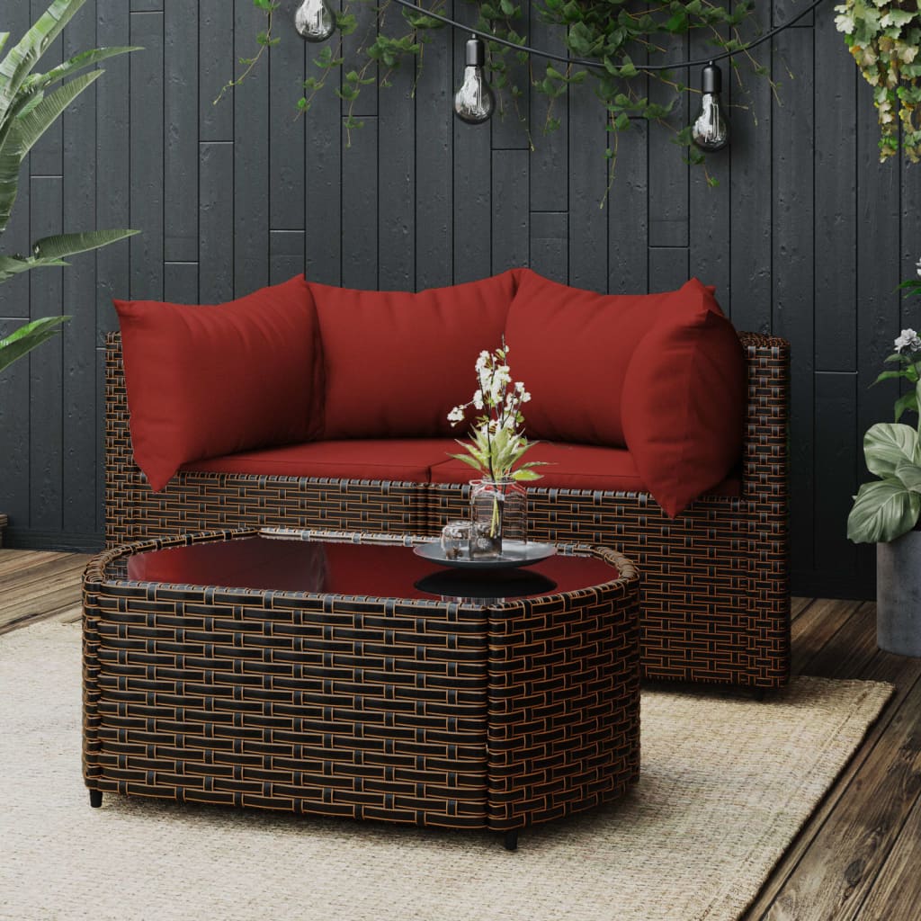 3-delige Loungeset met kussens poly rattan bruin