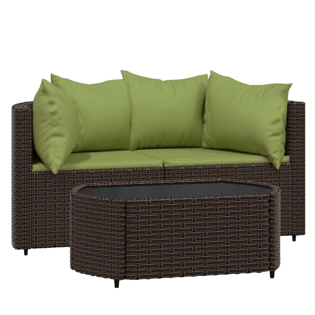 3-delige Loungeset met kussens poly rattan bruin