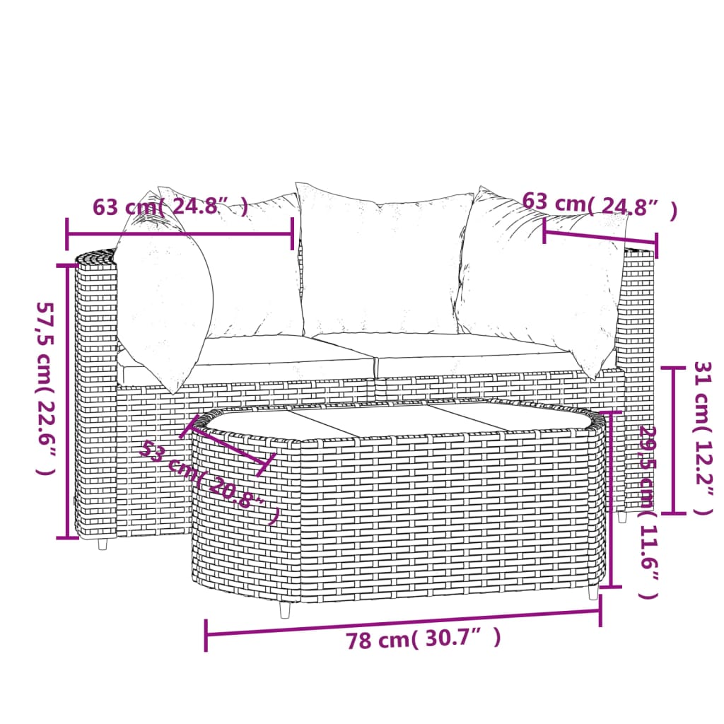 3-delige Loungeset met kussens poly rattan bruin