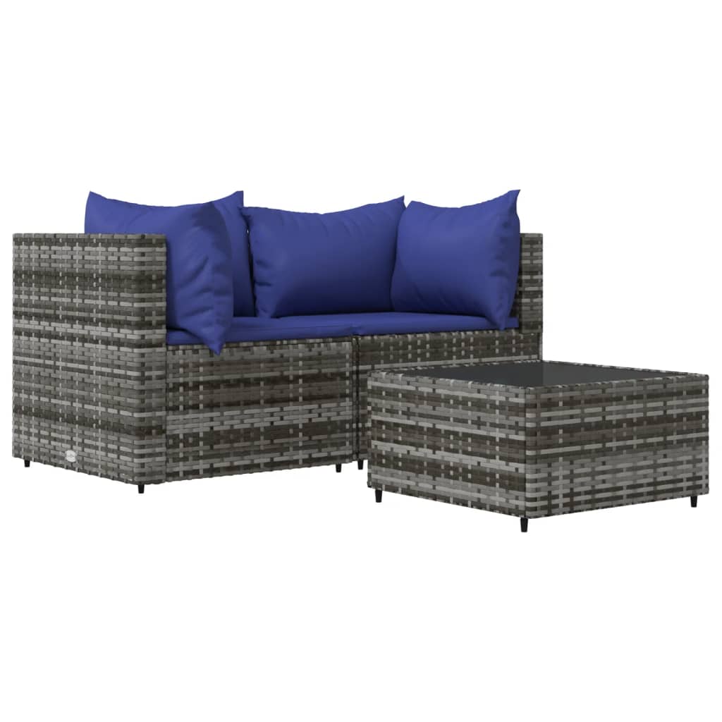 3-delige Loungeset met kussens poly rattan grijs