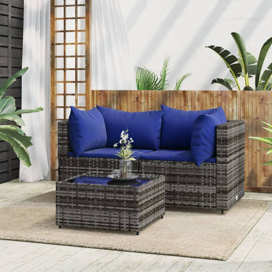 3-delige Loungeset met kussens poly rattan grijs