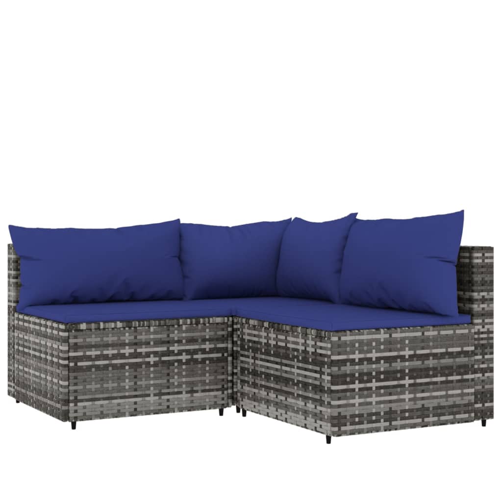 3-delige Loungeset met kussens poly rattan grijs