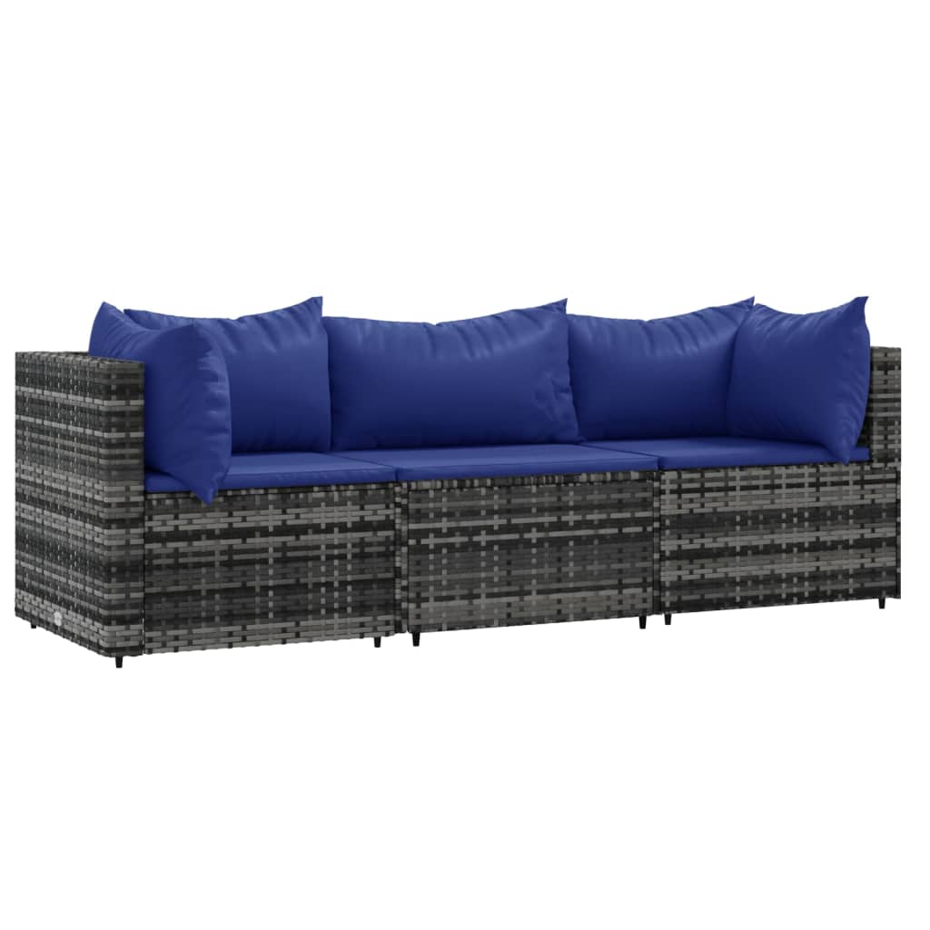 3-delige Loungeset met kussens poly rattan grijs