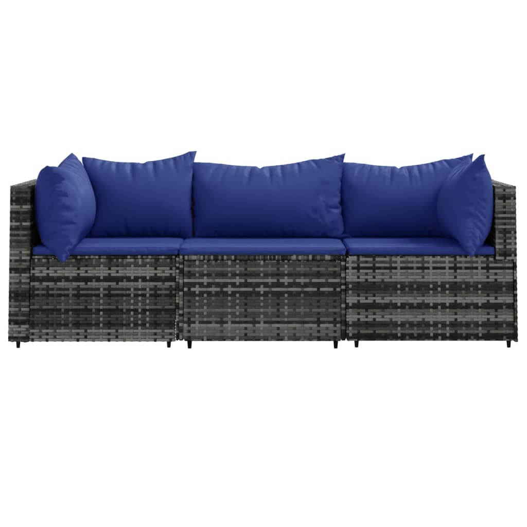 3-delige Loungeset met kussens poly rattan grijs