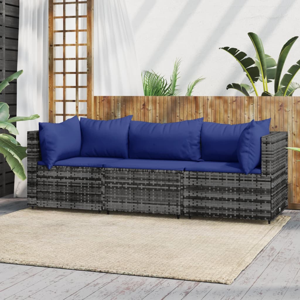 3-delige Loungeset met kussens poly rattan grijs