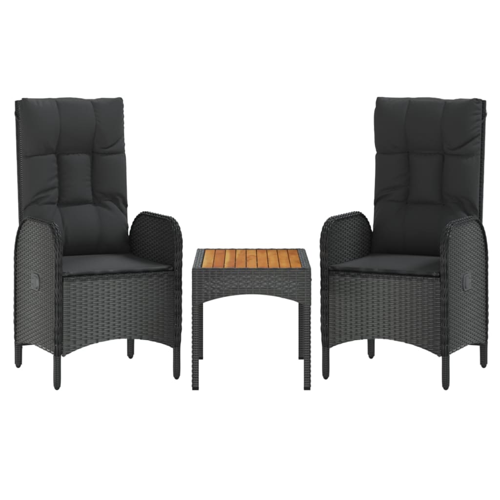 3-delige Loungeset met kussens poly rattan zwart