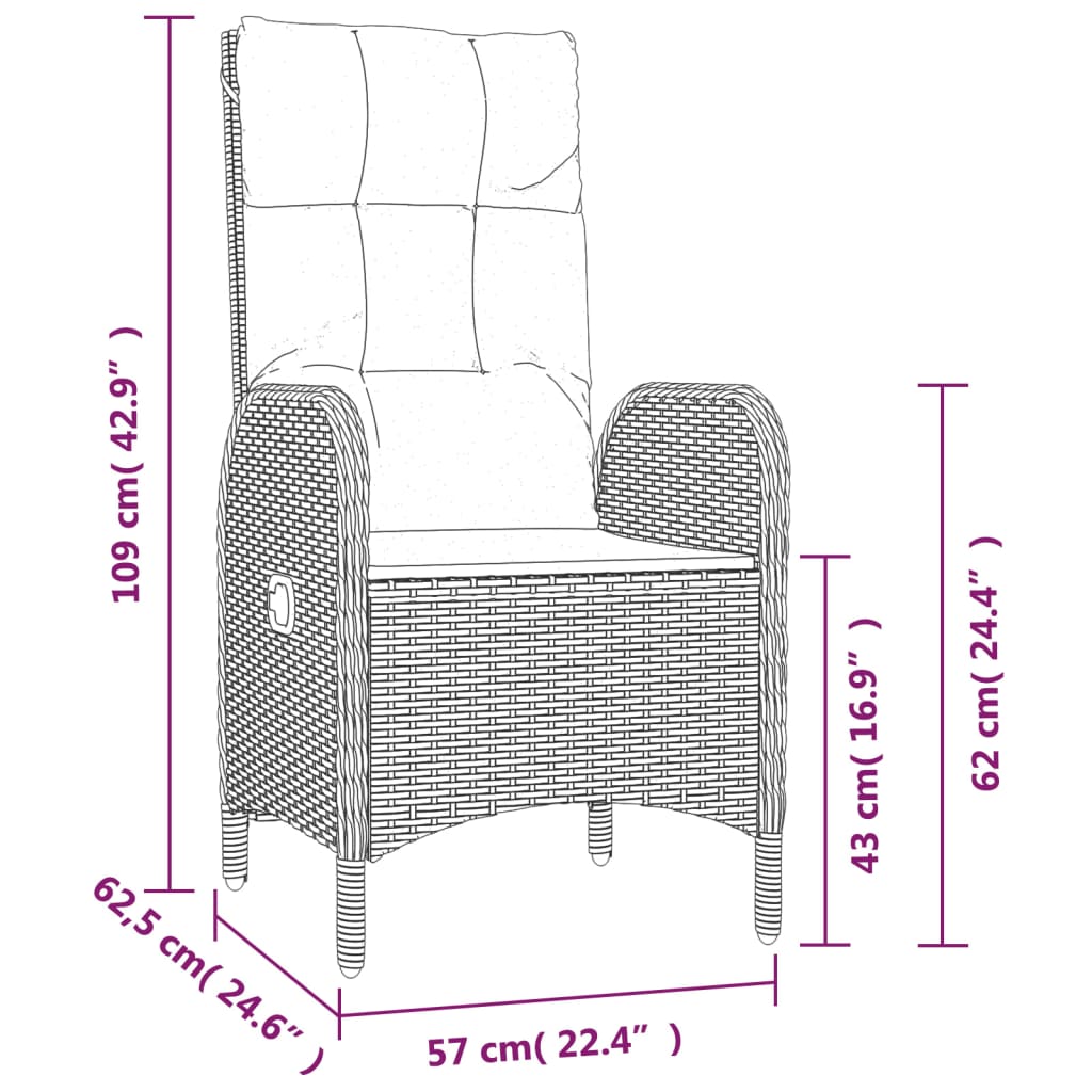 3-delige Loungeset met kussens poly rattan zwart