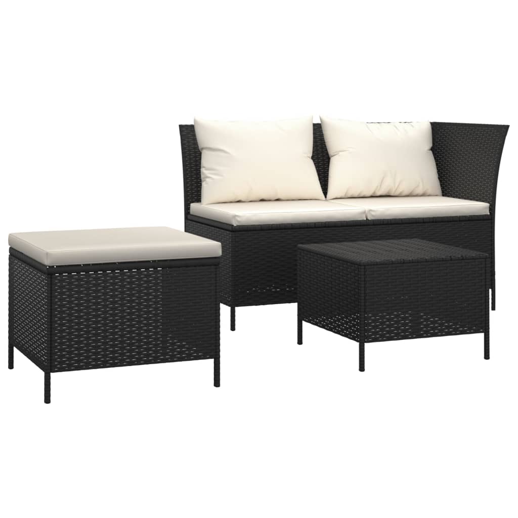 3-delige Loungeset met kussens poly rattan zwart