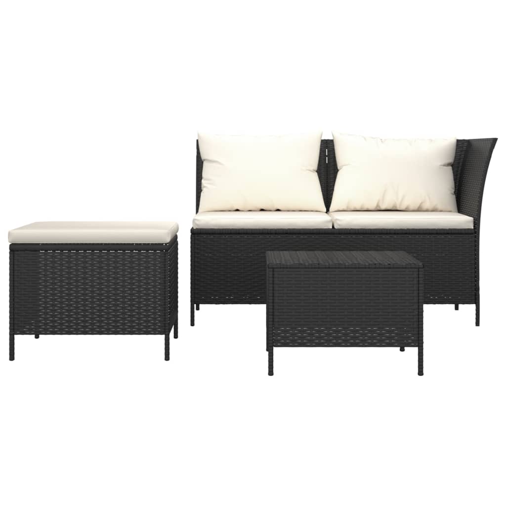 3-delige Loungeset met kussens poly rattan zwart