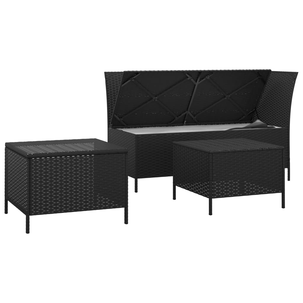 3-delige Loungeset met kussens poly rattan zwart