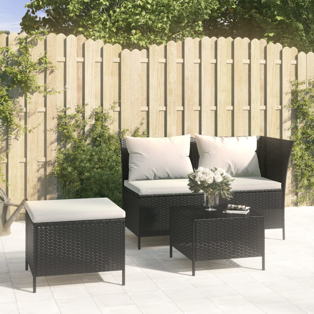 3-delige Loungeset met kussens poly rattan zwart