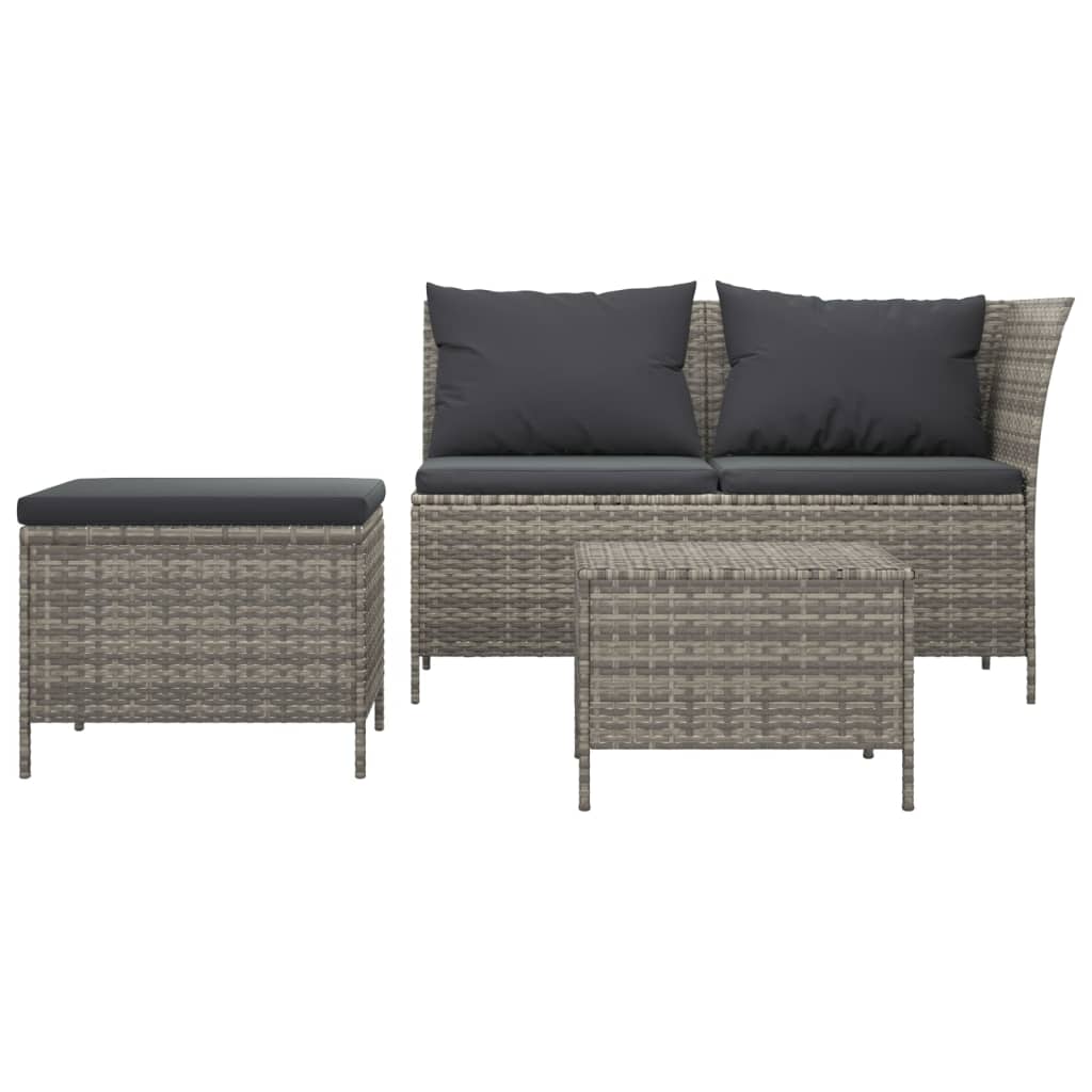 3-delige Loungeset met kussens poly rattan grijs