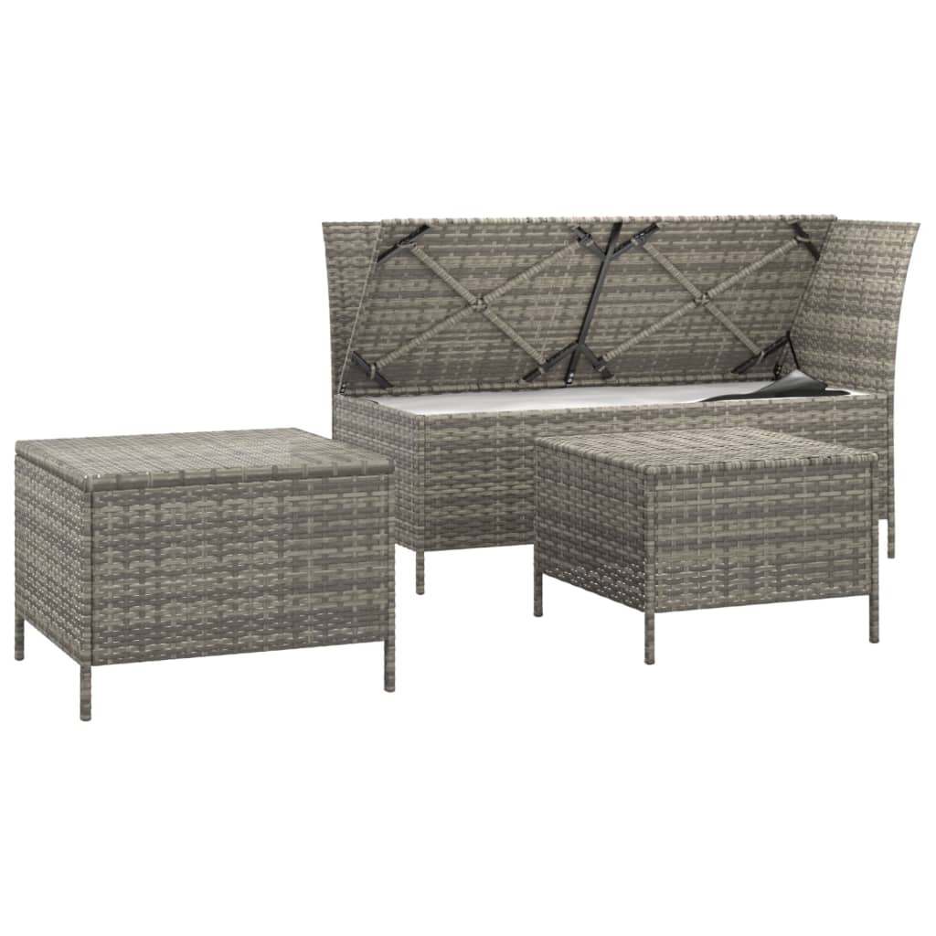 3-delige Loungeset met kussens poly rattan grijs