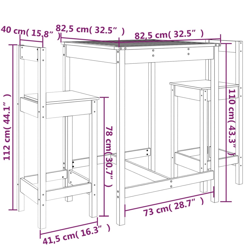 3-delige Barset massief grenenhout