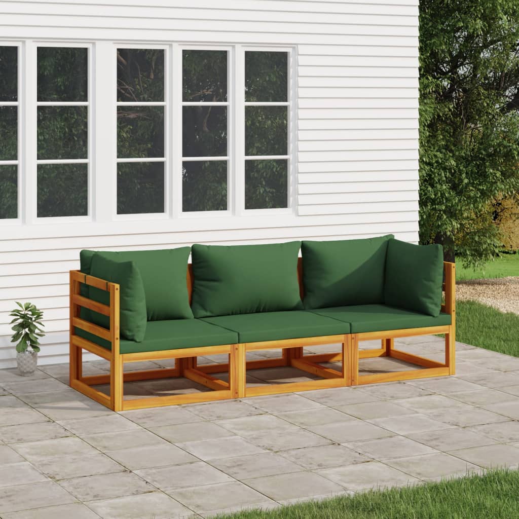 3-delige Loungeset met groene kussens massief hout