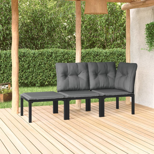 3-delige Loungeset met kussens poly rattan zwart en grijs