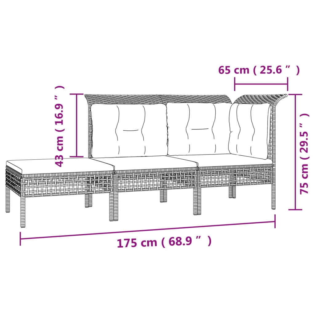 3-delige Loungeset met kussens poly rattan grijs