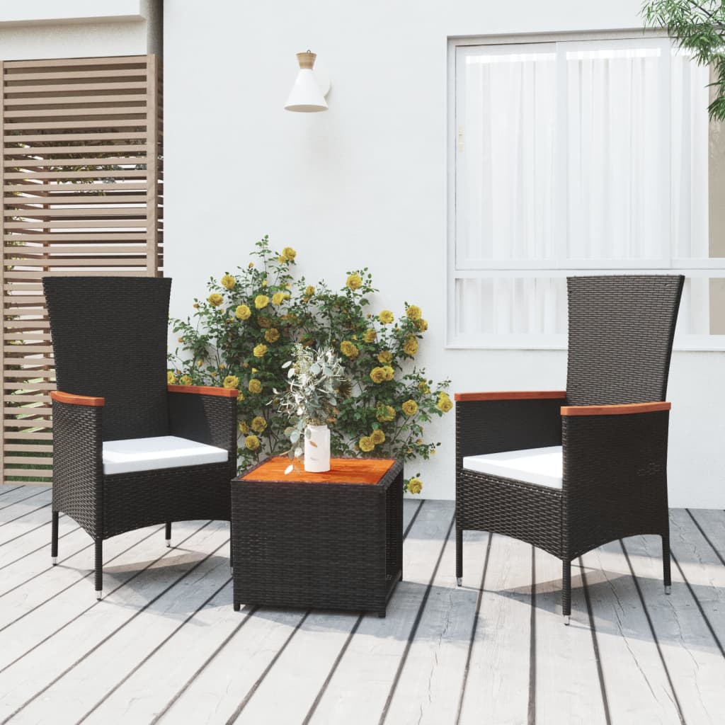 3-delige Loungeset poly rattan en massief acaciahout zwart