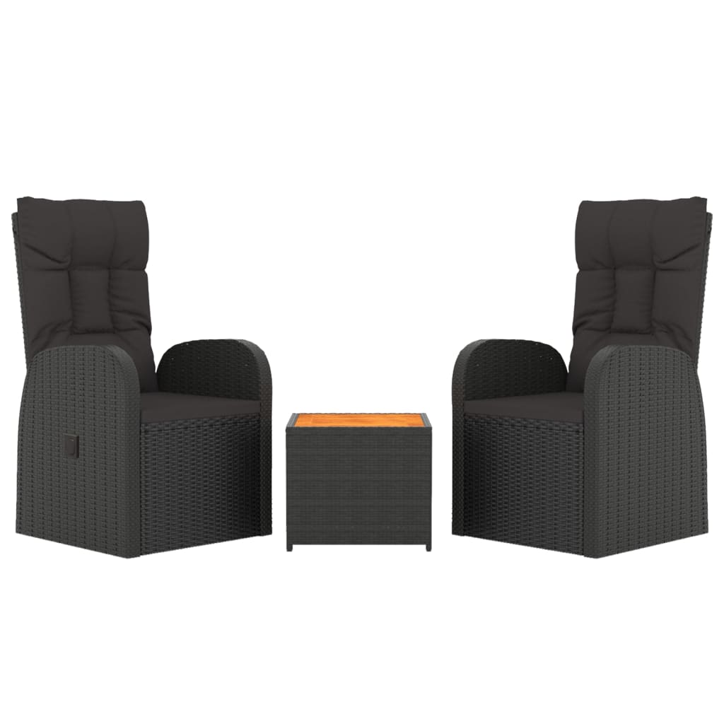 3-delige Loungeset poly rattan en massief acaciahout zwart