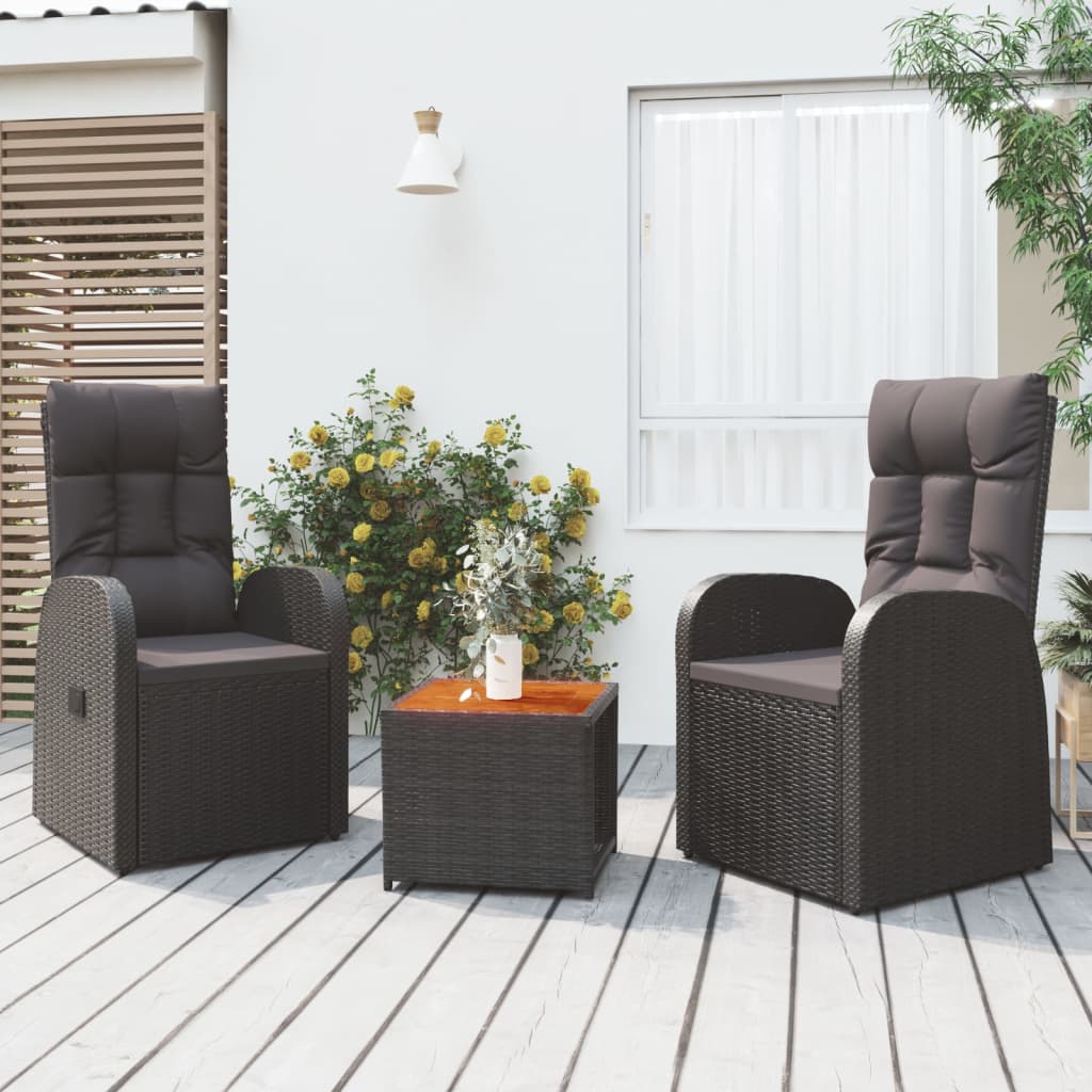 3-delige Loungeset poly rattan en massief acaciahout zwart