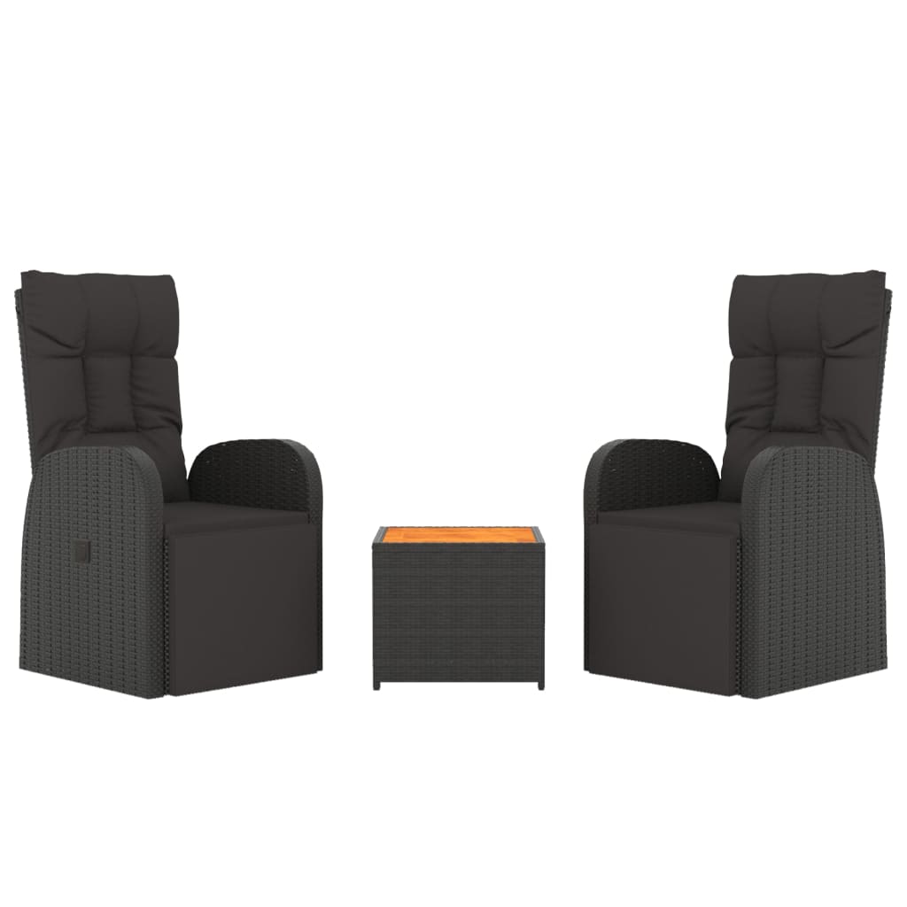 3-delige Loungeset poly rattan en massief acaciahout zwart