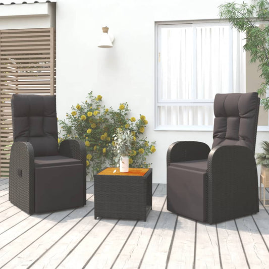 3-delige Loungeset poly rattan en massief acaciahout zwart