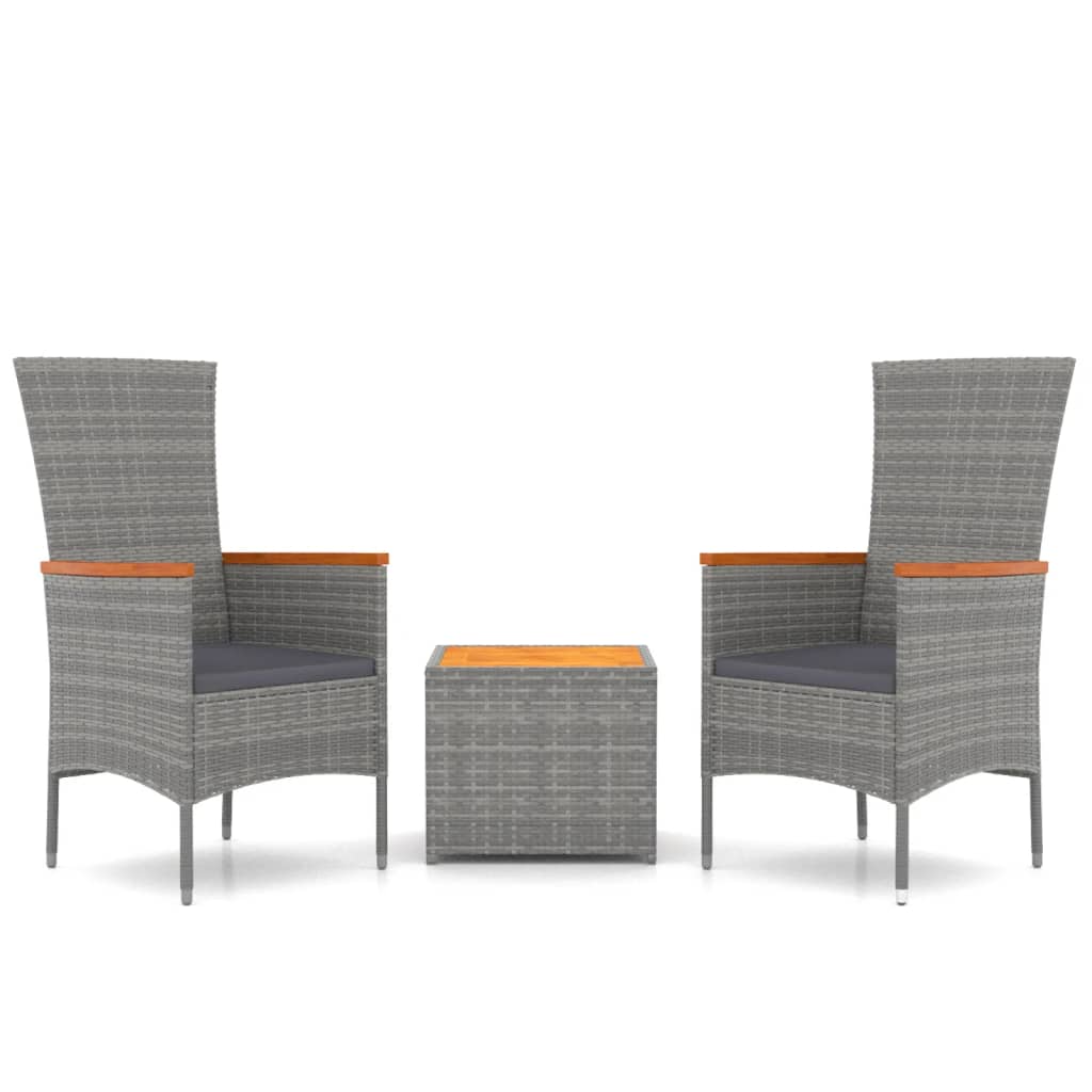 3-delige Loungeset poly rattan en massief acaciahout grijs