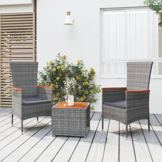 3-delige Loungeset poly rattan en massief acaciahout grijs