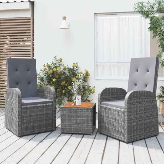 3-delige Loungeset poly rattan en massief acaciahout grijs