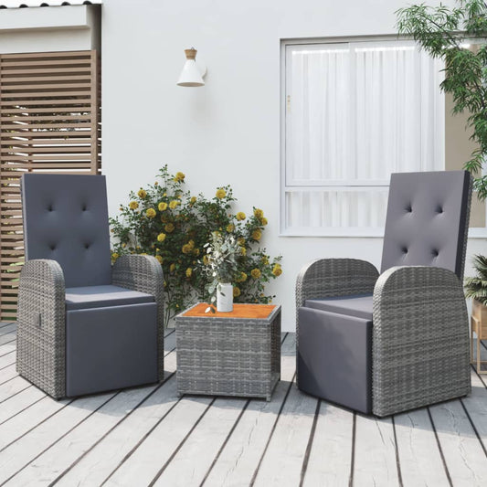 3-delige Loungeset poly rattan en massief acaciahout grijs