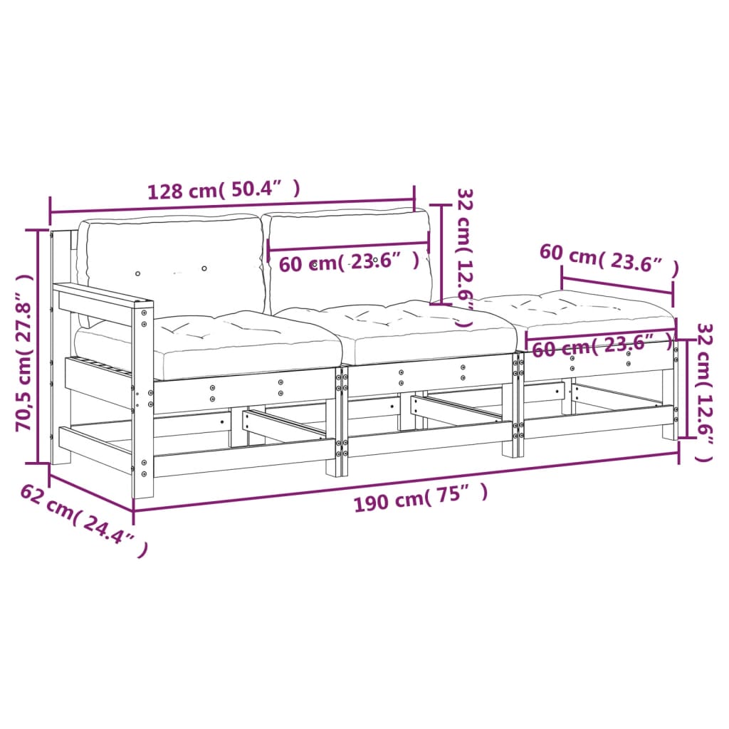 3-delige Loungeset met kussens massief hout wit