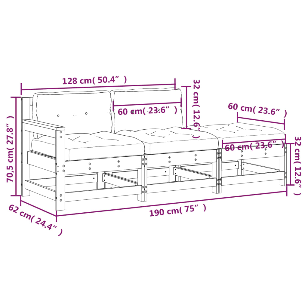 3-delige Loungeset met kussens massief hout zwart