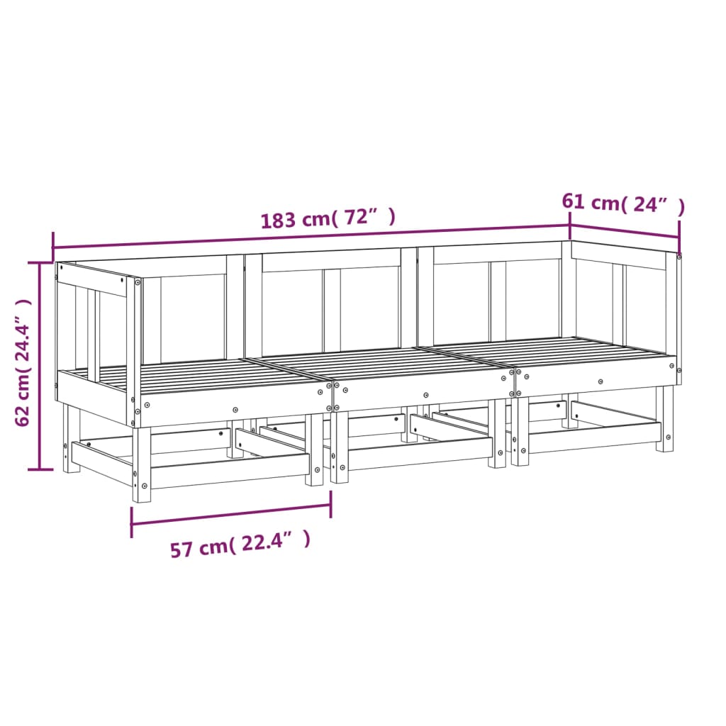 3-delige Loungeset massief grenenhout wit