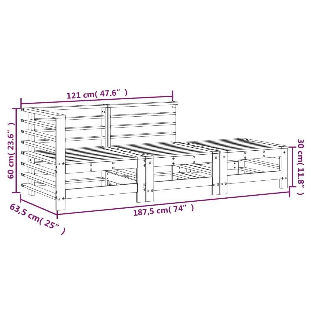 3-delige Loungeset massief grenenhout wit