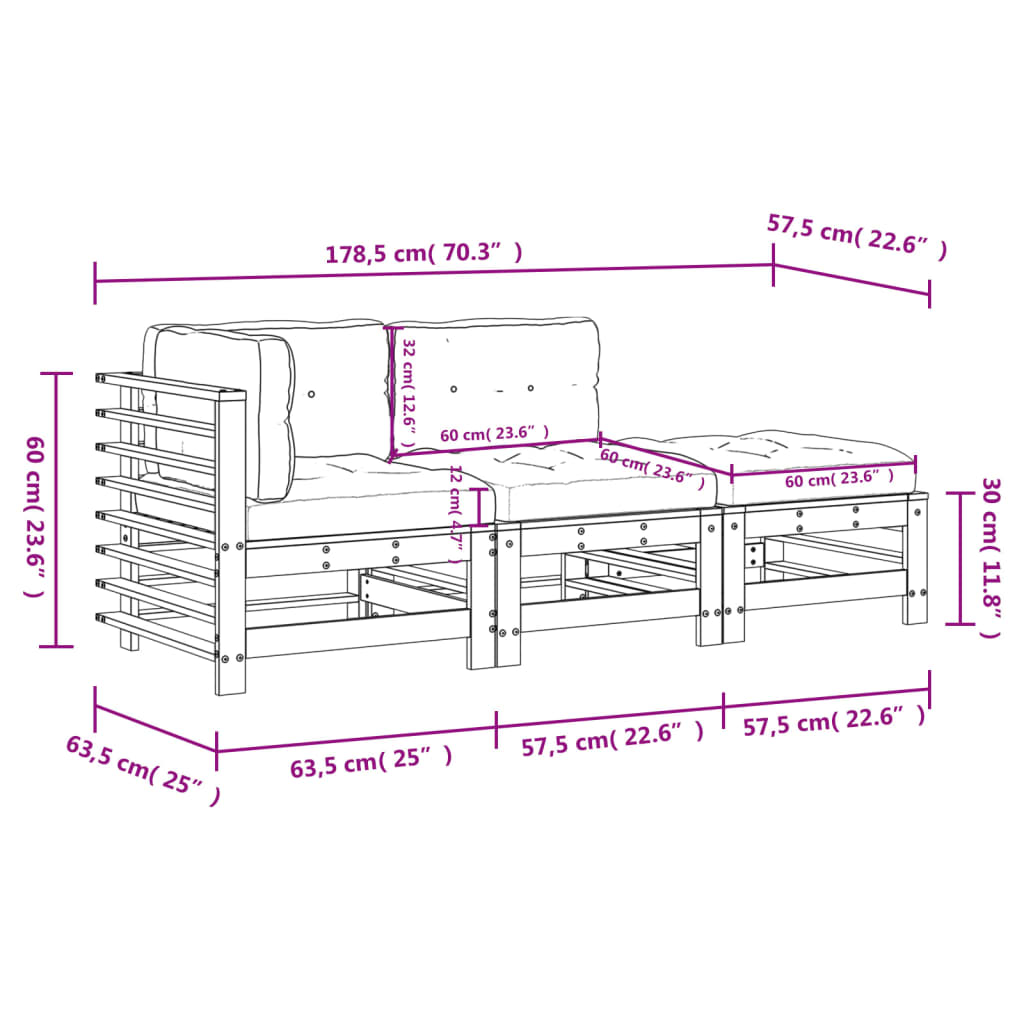 3-delige Loungeset met kussens massief douglashout