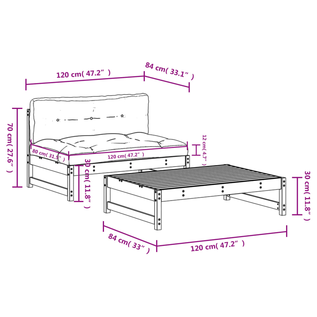 2-delige Loungeset met kussens massief hout grijs