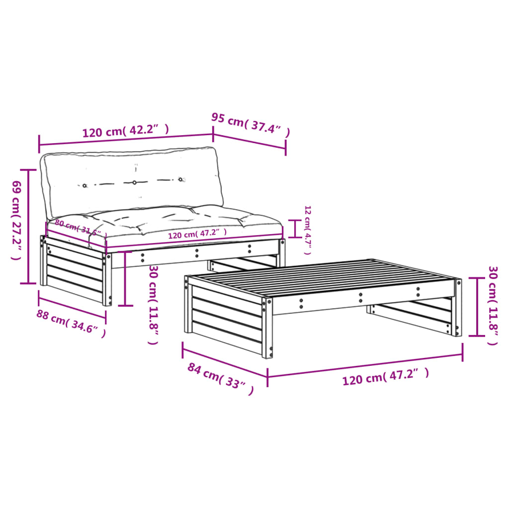 2-delige Loungeset met kussens massief hout wit