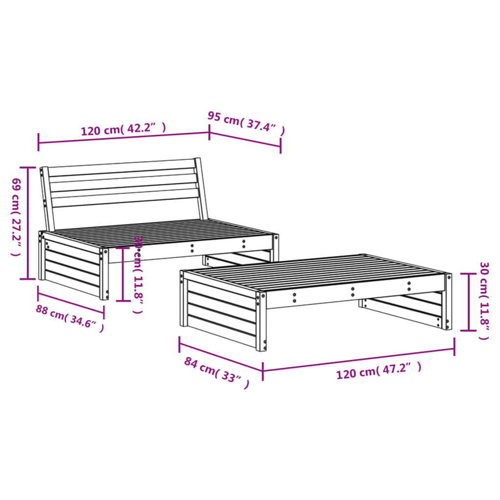 2-delige Loungeset massief grenenhout wit