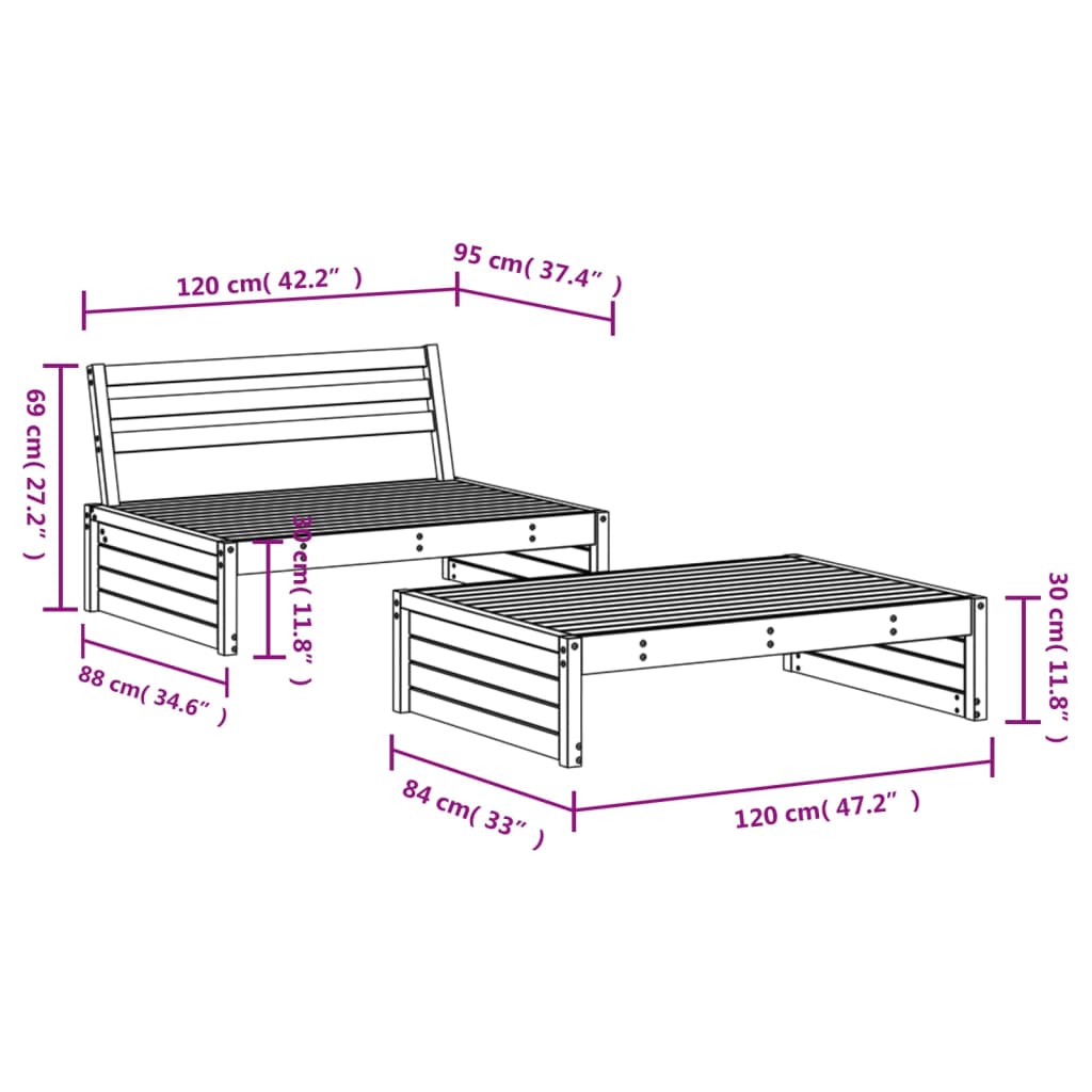 2-delige Loungeset massief grenenhout zwart