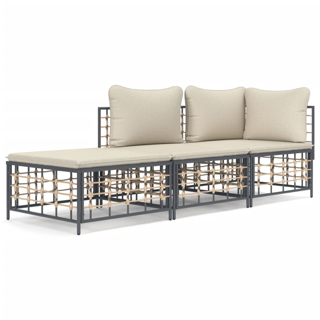 3-delige Loungeset met kussens poly rattan antracietkleurig