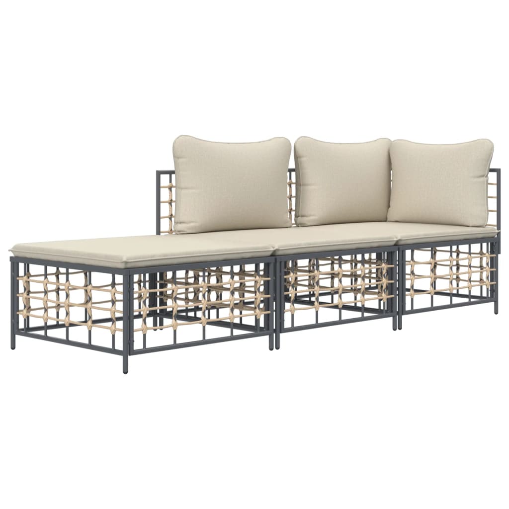 3-delige Loungeset met kussens poly rattan antracietkleurig