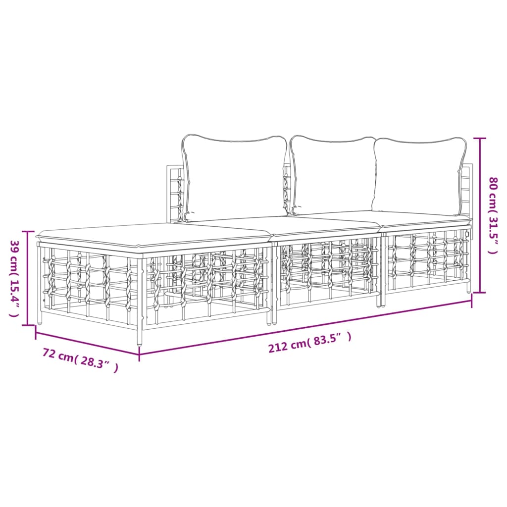 3-delige Loungeset met kussens poly rattan antracietkleurig